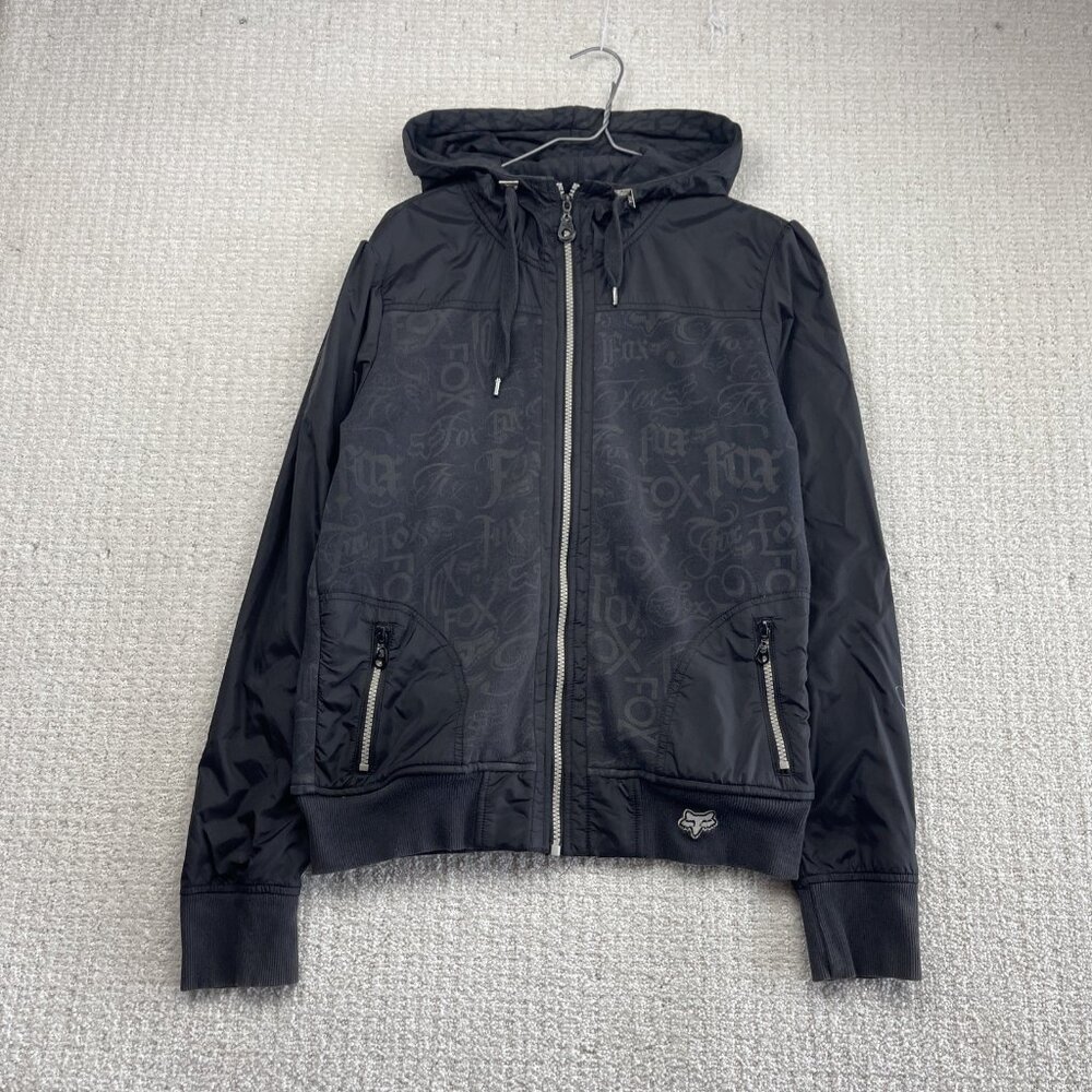 Y2K Fox Racing Softshell Hoodie Jacket Black Full Zip Women's L Goth Emo Grunge